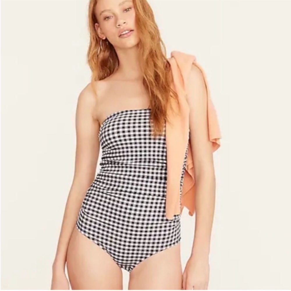 J. Crew NWT Gingham ruched bandeau one-piece swimsuit - Picture 1 of 7